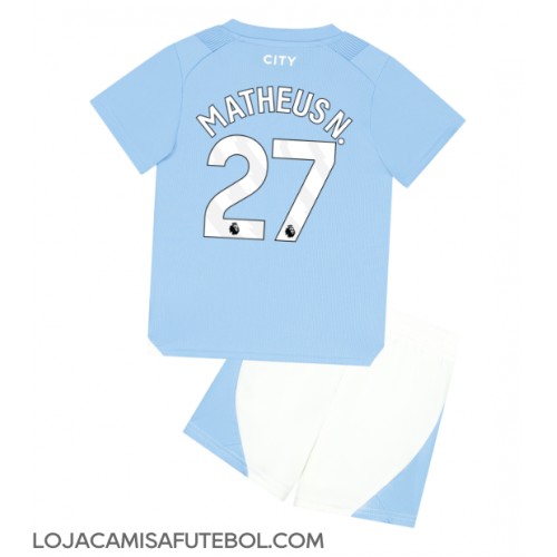 Camisa de Futebol Manchester City Matheus Nunes #27 Equipamento Principal Infantil 2023-24 Manga Curta (+ Calças curtas)